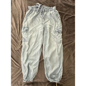 AERIE Womens Pants Medium Light Blue Chambray Cargo Jogger Drawstring Baggy Boho